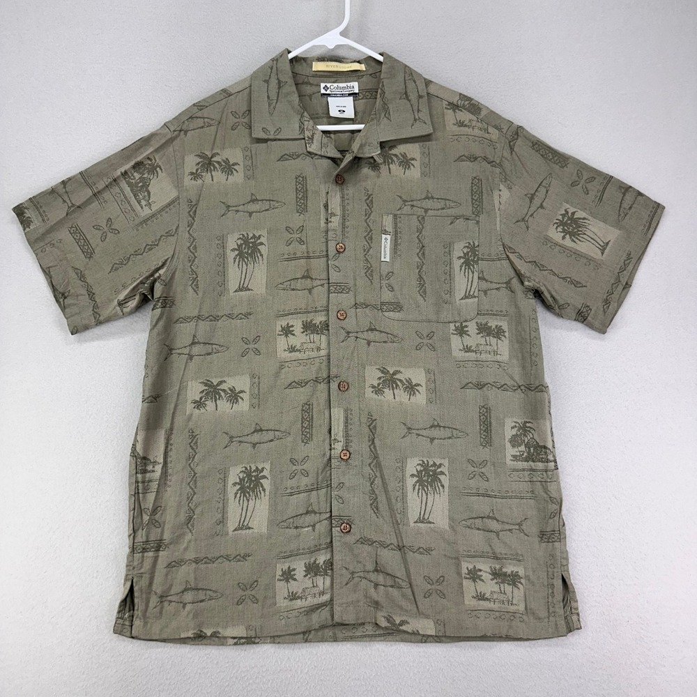 Columbia Camp Shirt Mens M Green Loop‎ Collar River Lodge Short Sleeve Fish